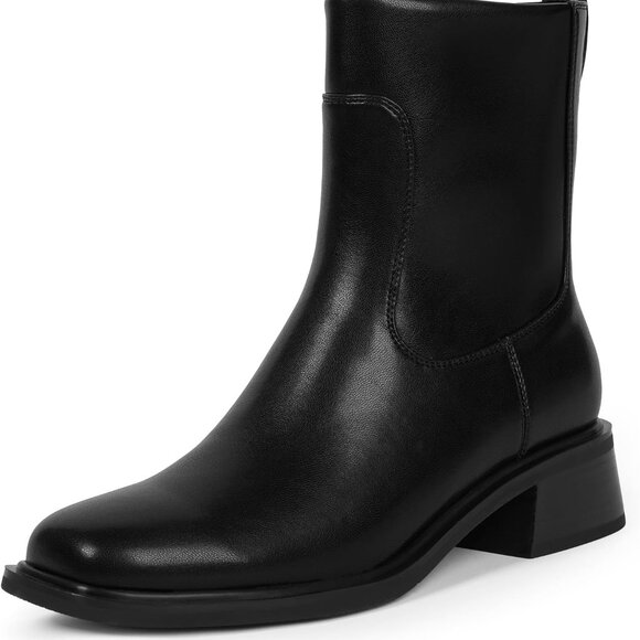 Women’s Faux Leather Ankle Boots Low Heel Square Toe Chunky Short Zipper - Picture 1 of 7